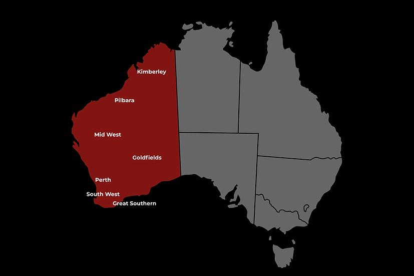 Map of Western Australia showing entertainment service locations - Leyla Lewis & Co.